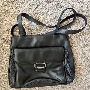 Vintage Hush Puppies Black Leather Shoulder Bag with Front Flap Pocket